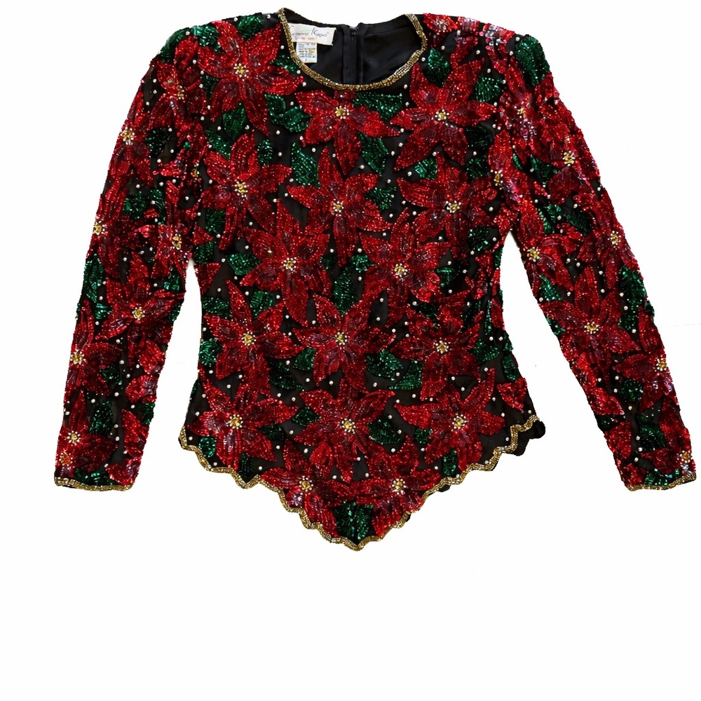 Laurence Kazar Red and Green Sequin Floral Blouse
